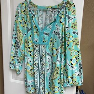 crown & ivy Floral Pattern Blouse - Aqua and Lemon